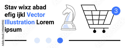 Chess knight symbol, shopping cart with notification badge, Latin placeholder text, progress dots, underlines. Ideal for shopping, strategy, notifications, online stores, marketing, placeholder text