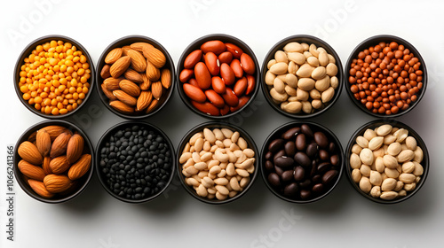 Various bowls filled with colorful legumes and nuts on a white background.