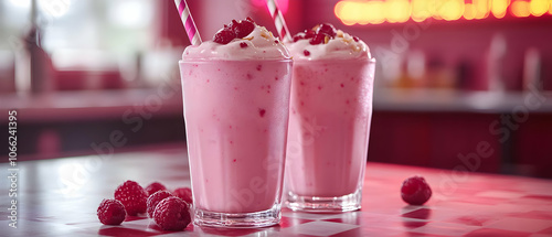 Refreshing raspberry milkshake in glasses topped with whipped cream and fresh berries. photo