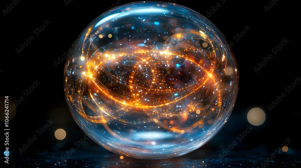 A mesmerizing glass orb filled with glowing particles reflecting light in a dark background. A mesmerizing glass orb filled with glowing particles reflecting light in a dark background.