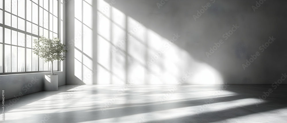 Spacious modern interior with large windows, soft shadows, and a plant in the corner, creating a serene atmosphere. Spacious modern interior with large windows, soft shadows, and a plant in the corner, creating a serene atmosphere.