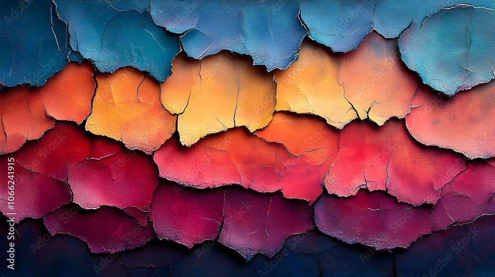 Abstract colorful textured background with layers of peeling paint in vibrant hues.