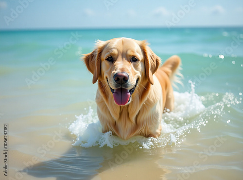 Golden retriever dog swimming in the sea during summer, happy animal enjoying water near beach, fun outdoor adventure for the wet and active purebred, joyful adorable pet playing by the shore photo