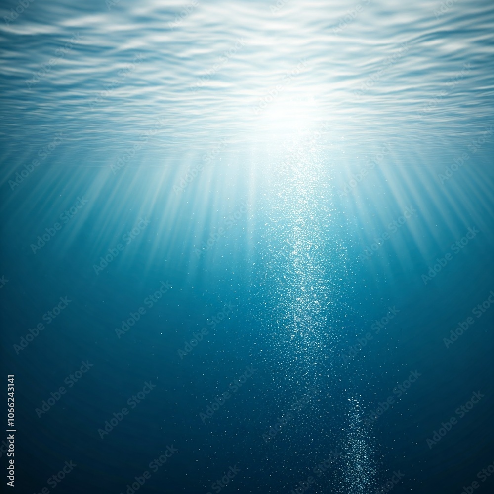 Fototapeta premium underwater sunlight and air bubbles in blue ocean water