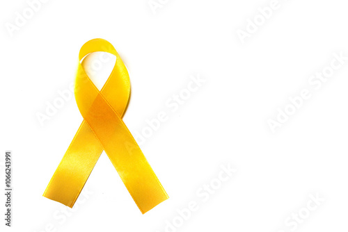 yellow ribbon on a white background with negative space, as a symbol of suicide prevention awareness at a young age