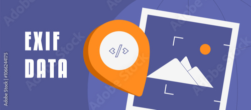 EXIF data banner illustration highlighting image metadata, camera settings, and photo details like date, time, exposure and geolocation. Essential for photographers and digital asset management