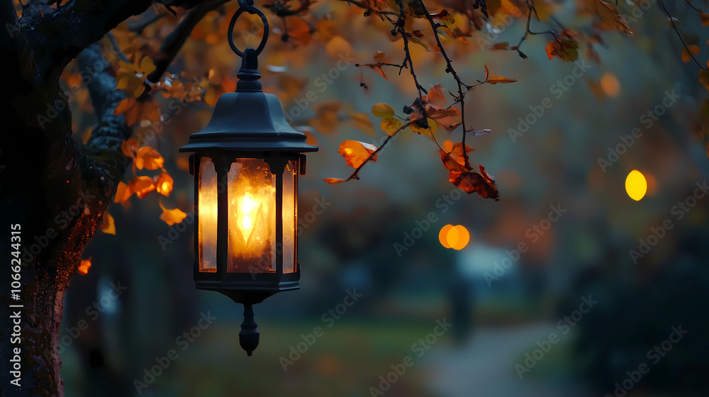 Glowing lantern illuminates an autumn evening. Glowing lantern illuminates an autumn evening.