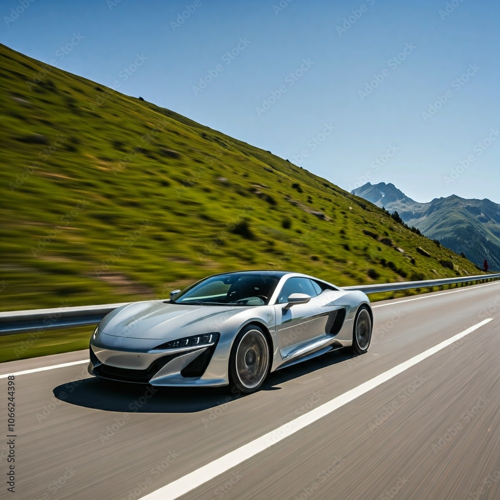Naklejka premium Silver Sports Car Driving on a Mountain Road