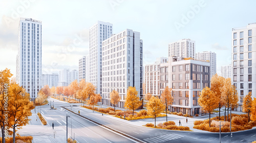 Autumn. Streets and high-rise buildings of a modern eco-city Eco-friendly urban design of the future