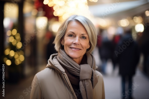 Portrait of happy mature woman in the city at Christmas time.