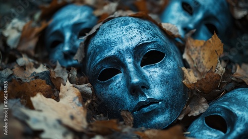 spooky imagery of masks and fallen leaves evokes horror