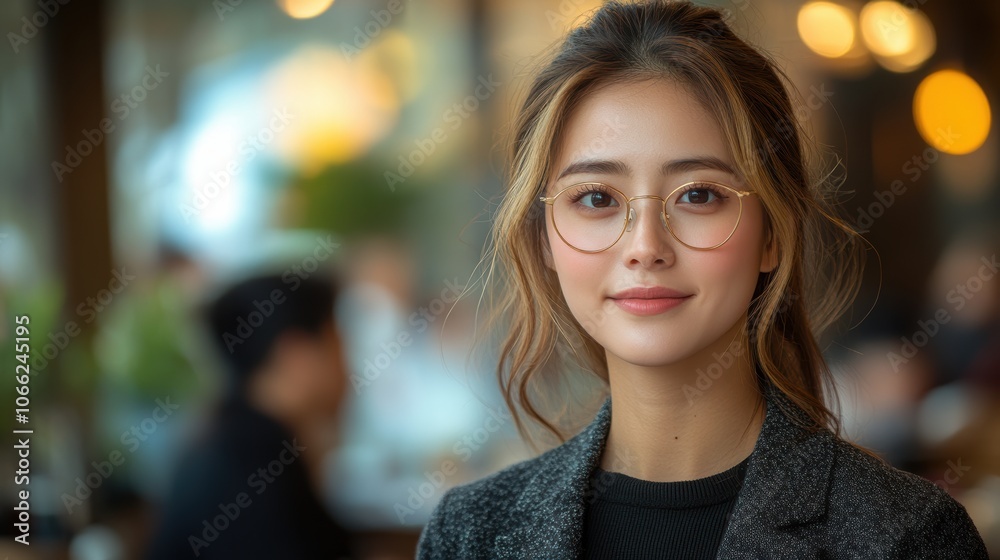 Obraz premium A woman wearing glasses and a black jacket is smiling for the camera. Generative AI