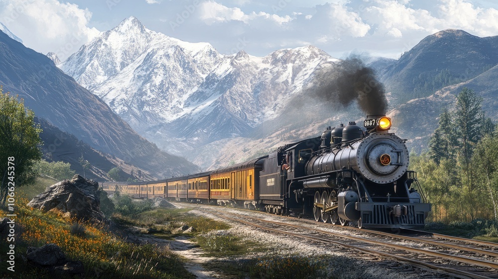 Fototapeta premium Steam Locomotive Train Traveling Through Majestic Mountain Range