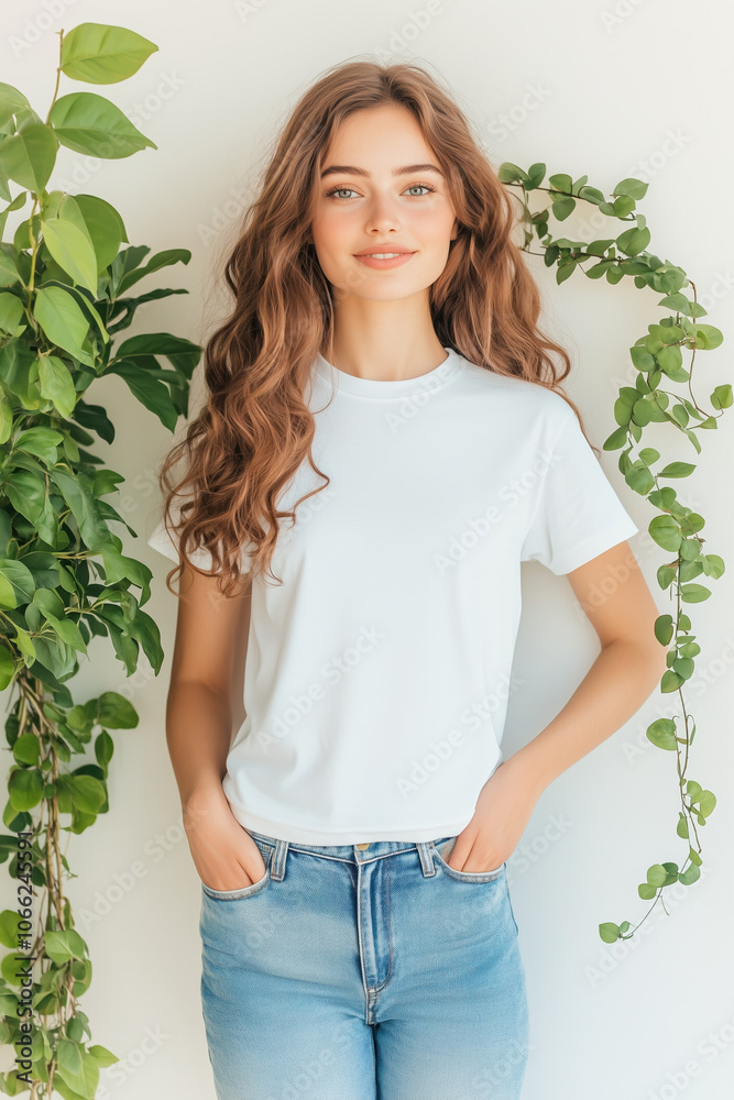 Beautiful Female Model with Hands in Pockets, Casual Pose in Blank T-shirt Surrounded by Natural Decor, Soft Sunlight, Minimalistic Composition, Top-Down View Mockup for Design Beautiful Female Model with Hands in Pockets, Casual Pose in Blank T-shirt Surrounded by Natural Decor, Soft Sunlight, Minimalistic Composition, Top-Down View Mockup for Design