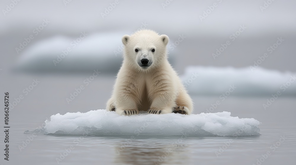 A baby polar bear is sitting on top of a large ice block. Generative AI A baby polar bear is sitting on top of a large ice block. Generative AI