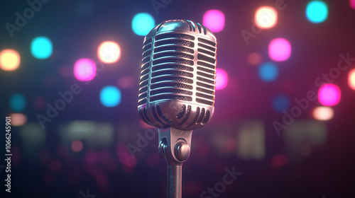 Center Stage: Retro Microphone under Colorful Lights 