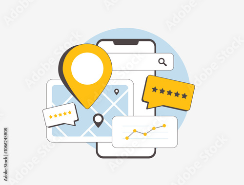 Local SEO for small businesses, featuring maps with huge pins, star ratings and customer reviews to boost visibility. Local seo marketing attract nearby customers and enhancing local search rankings