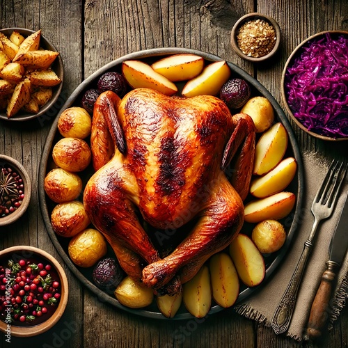 Kalkun - Norwegian Roast turkey, accompanied with traditional sides of red cabbage and golden roasted potatos. photo