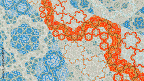 Abstract tiled hexagonal fractal art background, based on the Koch snowflake fractal.