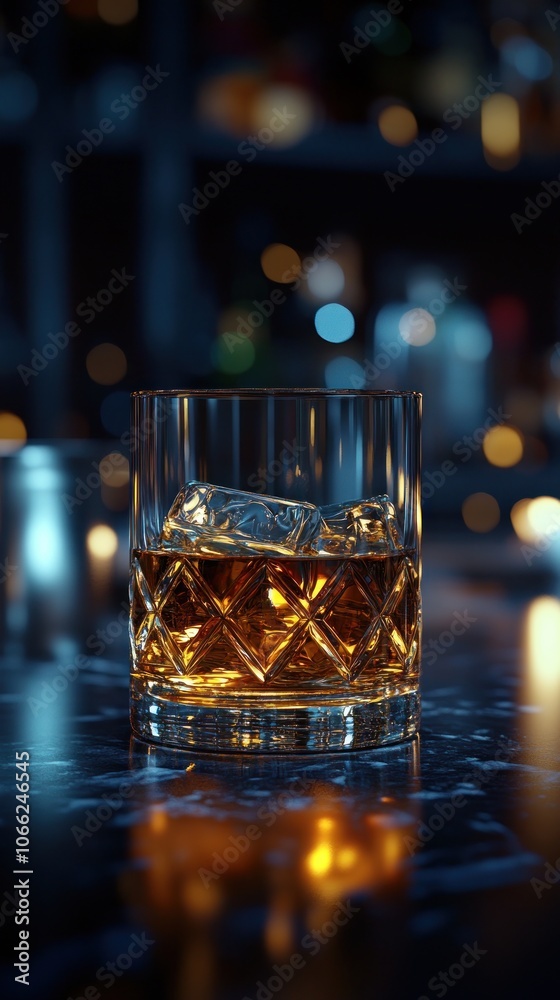 A glass of whiskey on the rocks with ice on a bar counter with bokeh lights in the background. A glass of whiskey on the rocks with ice on a bar counter with bokeh lights in the background.