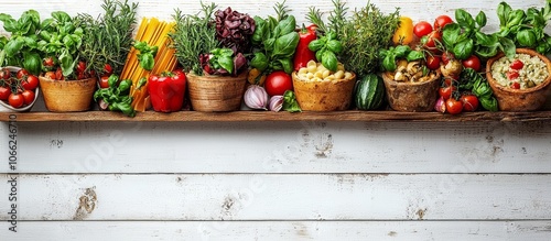 Fresh vegetables and herbs arranged on a rustic shelf, vibrant colors against a white background. photo