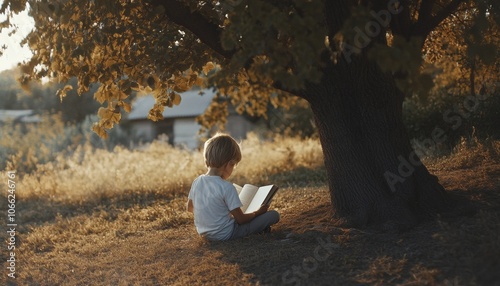 Child Reading Under Tree Embracing Nature and Calm in Bright Daylight photo