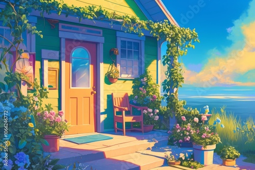 Charming entryway in a seaside cottage with coastal artwork, soft lighting, and a view of the garden filled with beach roses, Generative AI
