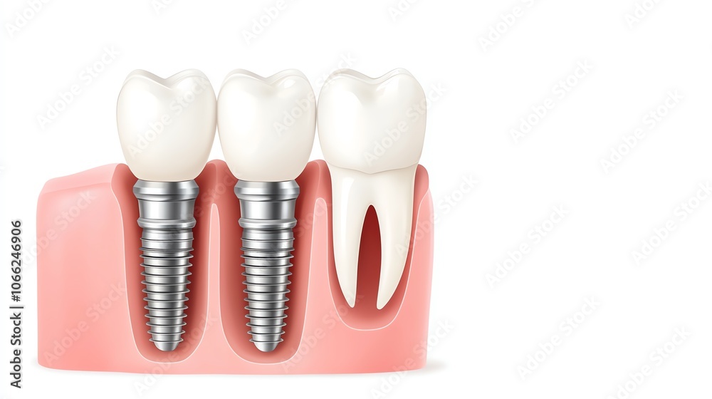 Dental implants with white teeth on a pink base for dental procedures, isolated on white background. Dental implants with white teeth on a pink base for dental procedures, isolated on white background.