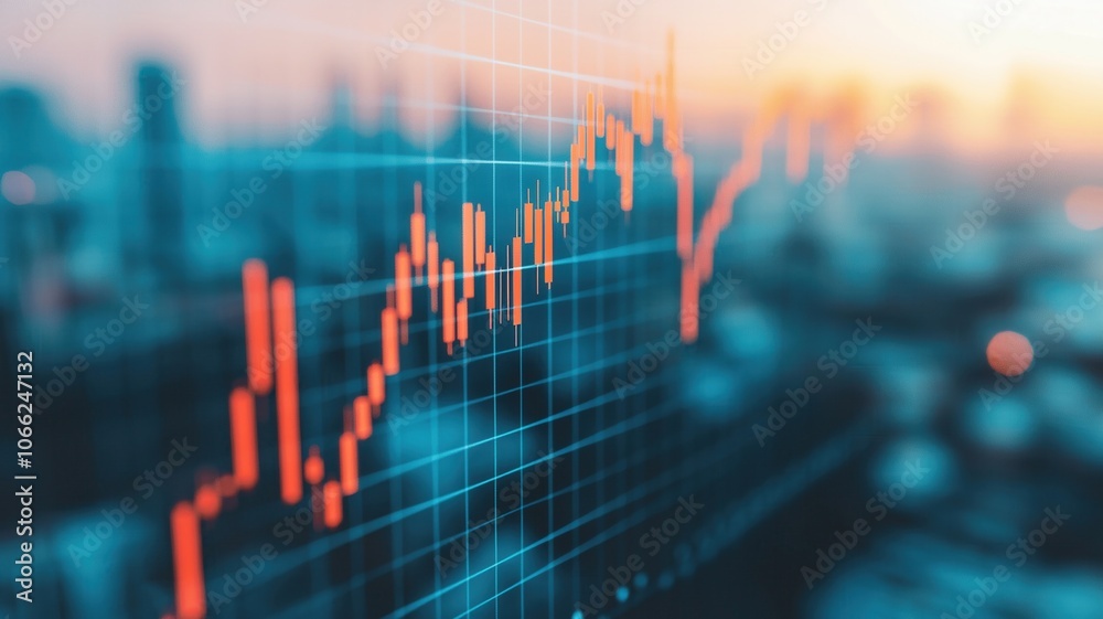 Cityscape with financial graph showing upward trend, symbolizing growth and investment opportunities in urban environments, reflecting economic progress