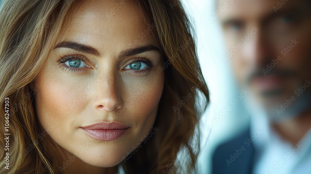 A woman with blue eyes and brown hair is looking at the camera. Generative AI A woman with blue eyes and brown hair is looking at the camera. Generative AI