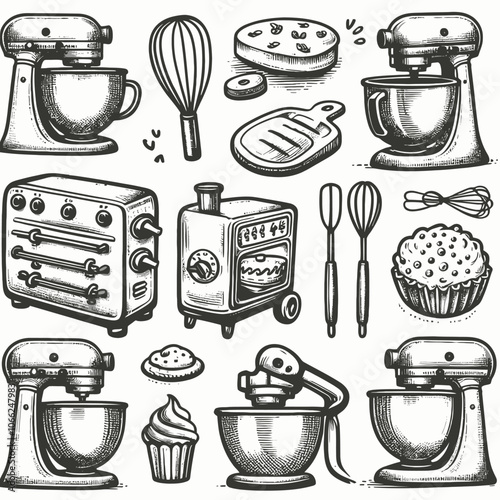 Stand mixer set doodle vector