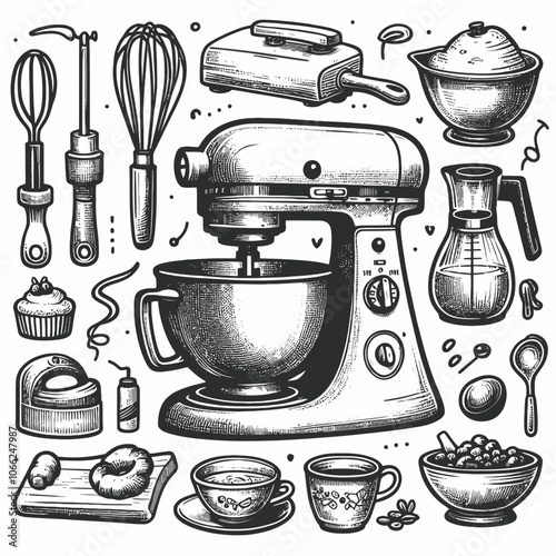 Stand mixer set doodle vector