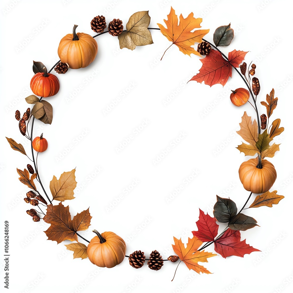 Obraz premium Autumn wreath featuring colorful leaves and pumpkins, white isolated background.