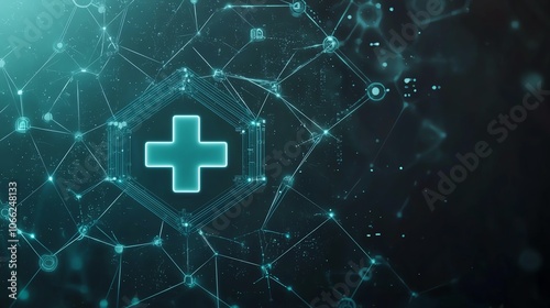 Abstract digital health technology background with medical cross symbol and interconnected nodes.