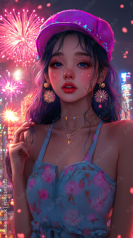 Fototapeta premium Playful Anime Girl in Santa Suit: New Year’s Eve Kawaii Style