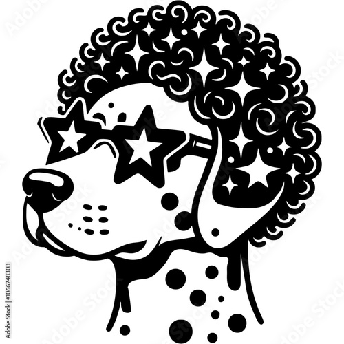 Portrait of a Dalmatian in a curly wig and Star Disc glasses in monochrome. Simple minimalistic vector in black ink drawing on transparent background