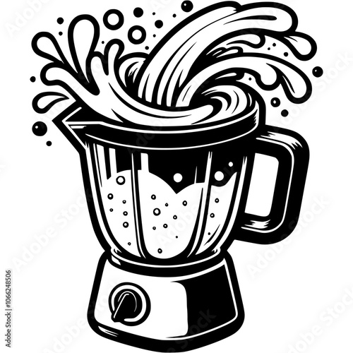 Drops of splashes of fruit smoothie splash out from working blender in monochrome. Simple minimalistic vector in black ink drawing on transparent background
