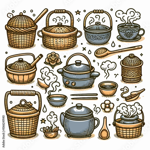 Steamer basket set doodle vector 