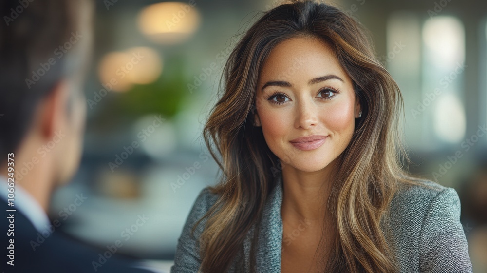 A woman with long brown hair is smiling at the camera. Generative AI A woman with long brown hair is smiling at the camera. Generative AI