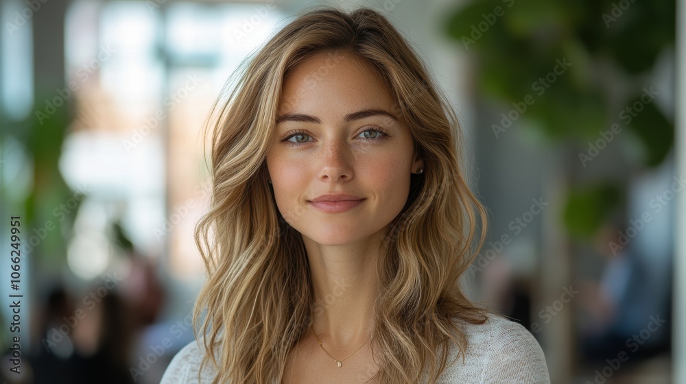 Fototapeta premium A woman with long blonde hair is smiling and wearing a necklace. Generative AI
