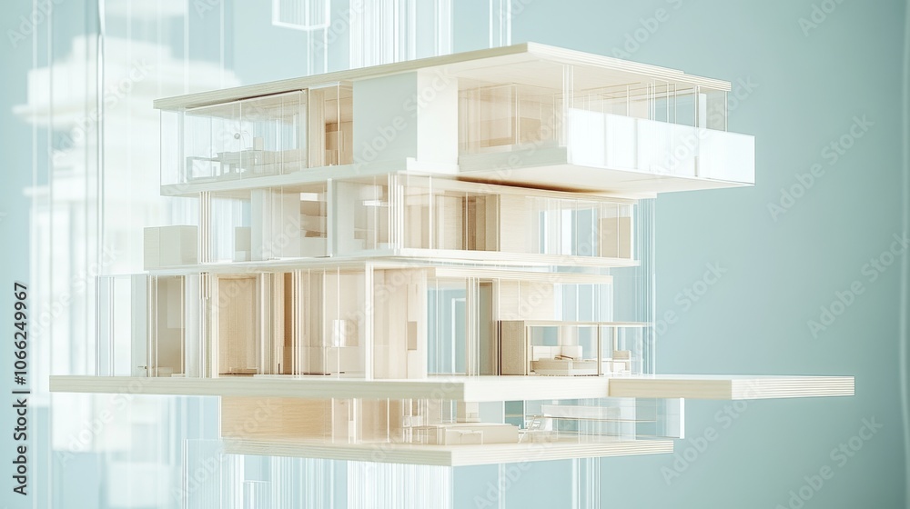 2410_074.disassembled digital house model, stacked floor plans, wood and white materials, transparent room dividers, micro-scale interiors, exercise area, floating structural elements, pale blue 2410_074.disassembled digital house model, stacked floor plans, wood and white materials, transparent room dividers, micro-scale interiors, exercise area, floating structural elements, pale blue