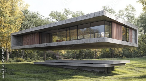 2410_037.contemporary house blueprint visualization, floating concrete structure, floor-to-ceiling windows, wood cladding details, landscape integration, architectural annotation style, construction