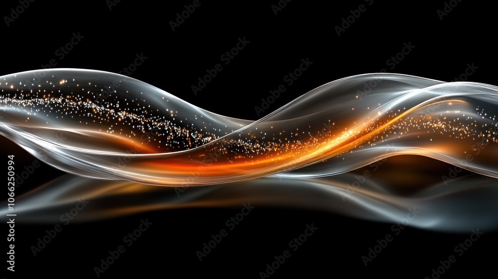 Obraz premium A glowing, orange, wavy line of light, particles, and smoke on a black background.