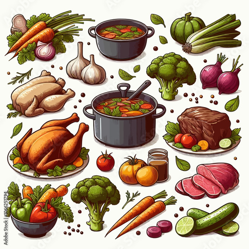 Stock Broth (Chicken, Beef, Vegetable) set vector