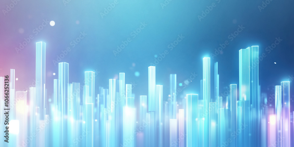Obraz premium Abstract City Skyline at Night with Glowing Geometric Buildings, Minimalist Urban Scene in Cool Blue and Purple Tones with Neon Glow
