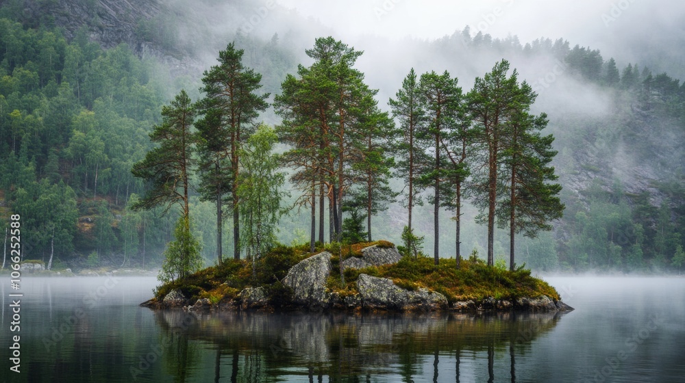 Fotografie small island full of trees with water around it
