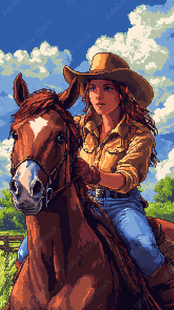 Obraz premium Close-up of a cowboy woman on horse as a cover for an 8-bit retro game