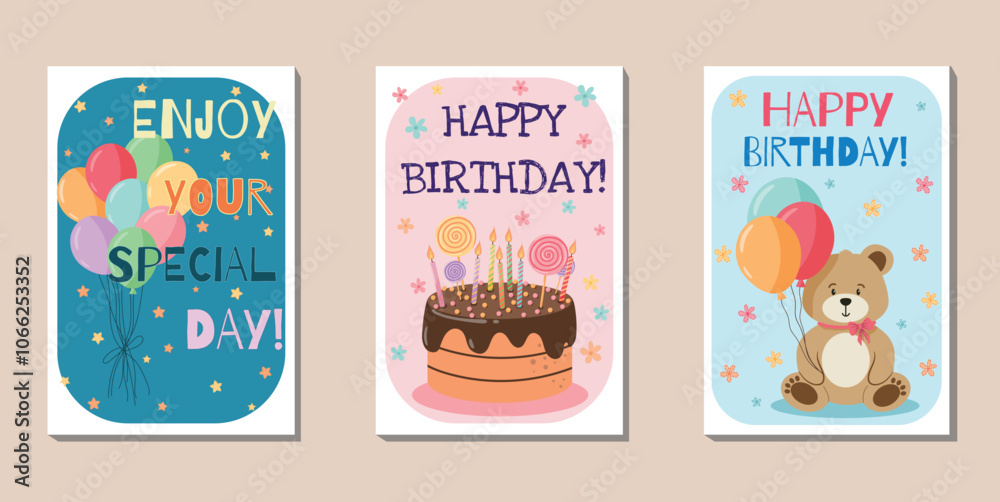 Obraz premium Birthday Card Vector Set Illustrations. Festive Collection of Designs for Celebrations and Greetings. Kids birthday, party