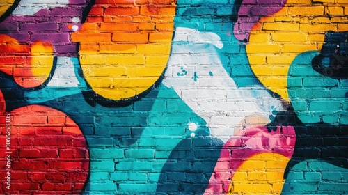 Wallpaper Mural Graffiti-covered brick wall with vibrant colors, spray-painted abstract designs, and overlapping tags, creating a raw urban art scene. Torontodigital.ca