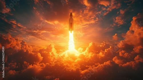 Rocket Launch Through Orange Sunset Clouds